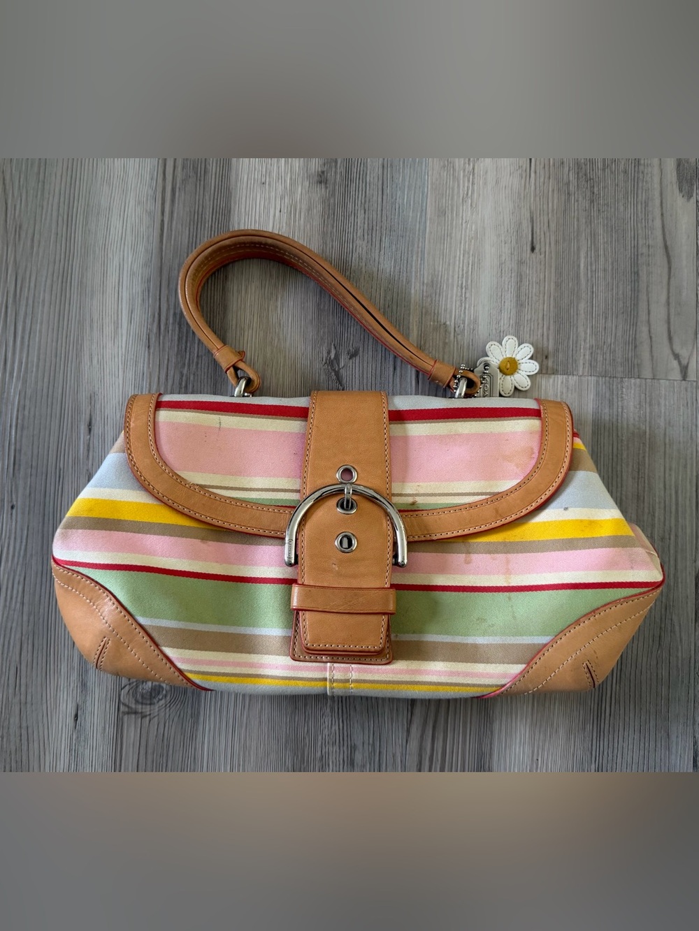 Vintage Coach 4438 Soho Twill Striped Top Handle Bag Y2K Pink Yellow Brown